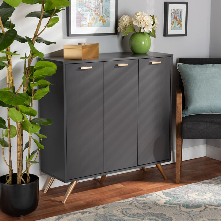 Baxton Studio Kelson Modern Dark Grey and Gold Finished Wood 3 Door Shoe Cabinet
