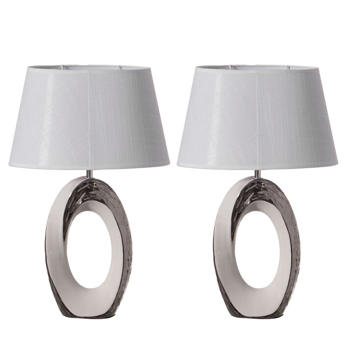 Table Lamps, Decorative Ceramic Table Lamp, with Beige, Brown, and White Stones and Beige Linen Lampshade, 14 inches tall, Unique Lamp for Living Room or Bedroom, Set of 2
