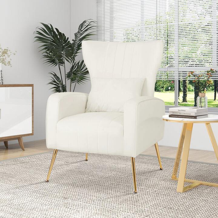 Velvet Upholstered Wingback Chair with Lumbar Pillow and Golden Metal Legs