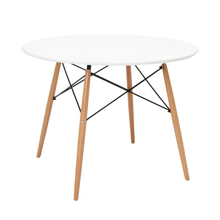 Riha 36 Inch Dining Accent Table, Round Top, Beech Wood, White and Brown - Benzara