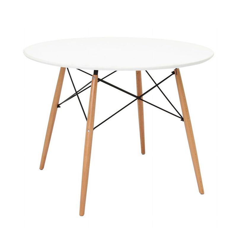 Riha 36 Inch Dining Accent Table, Round Top, Beech Wood, White and Brown - Benzara