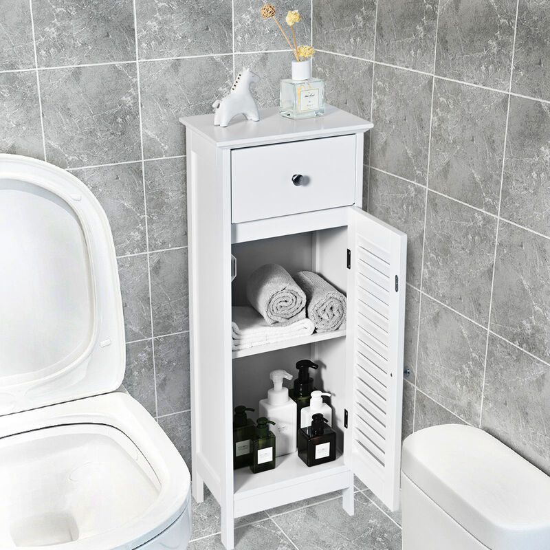 Costway Bathroom Floor Storage Cabinet Side Wooden Organizer w/ Drawer & Shutter Door