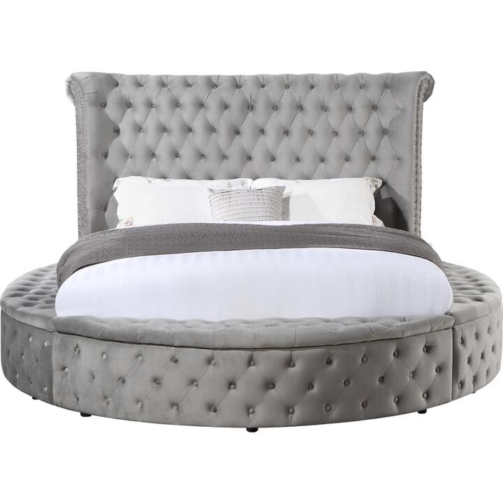 Modern Wood King Size Bed, Button Tufted, Bedside Bench with Storage, Gray - Benzara