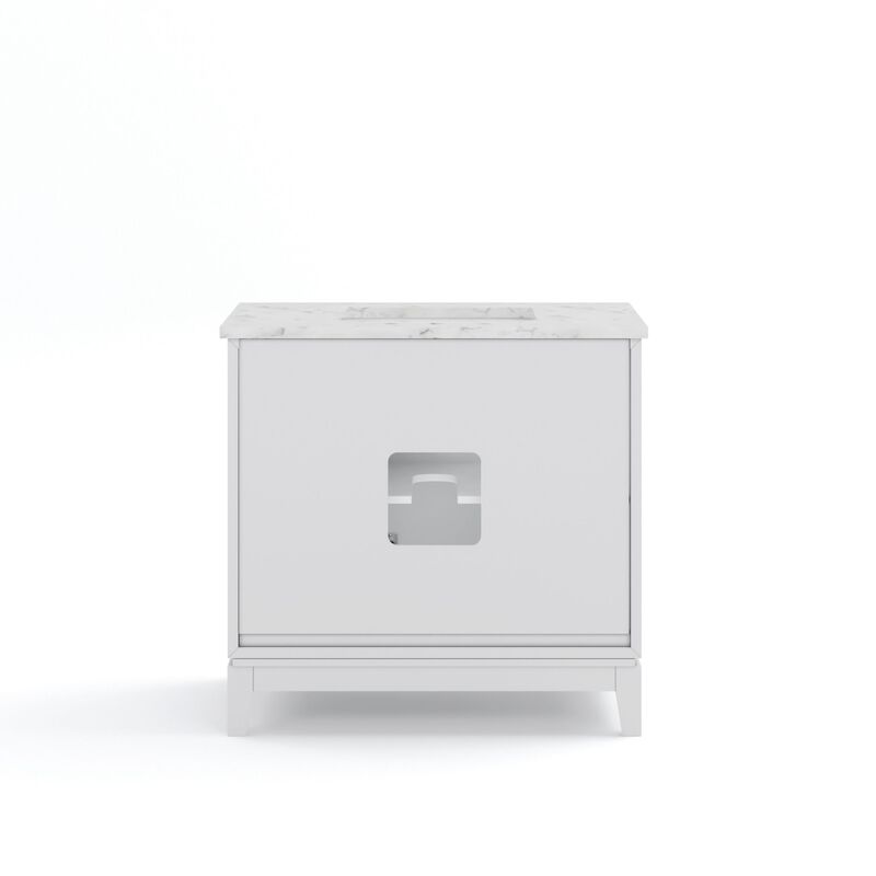 Elizabeth 36 In. Single Sink Carrara White Marble Countertop Bath Vanity In Pure White with Brushed Silver Hardware