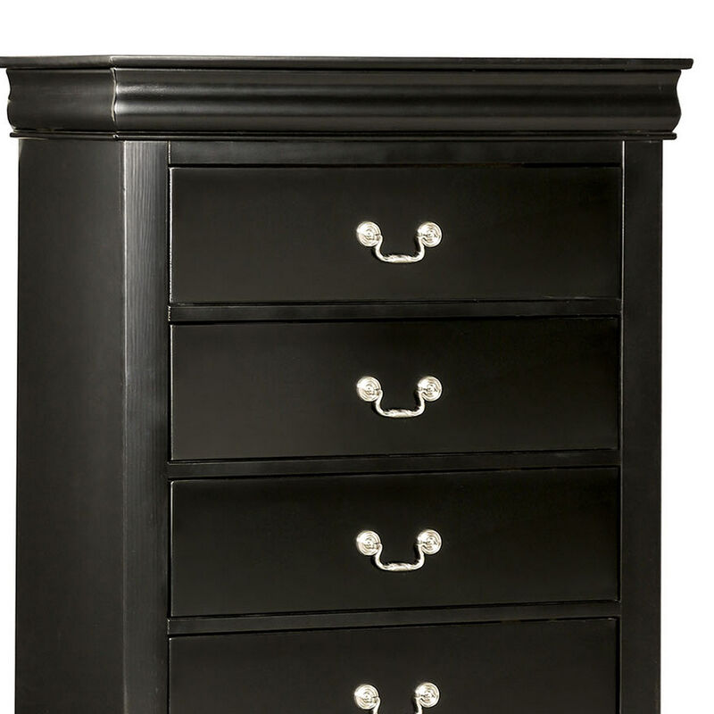 Ryla Tall Dresser Chest, 5 Drawers, Nickel Metal Handles, Black Solid Wood