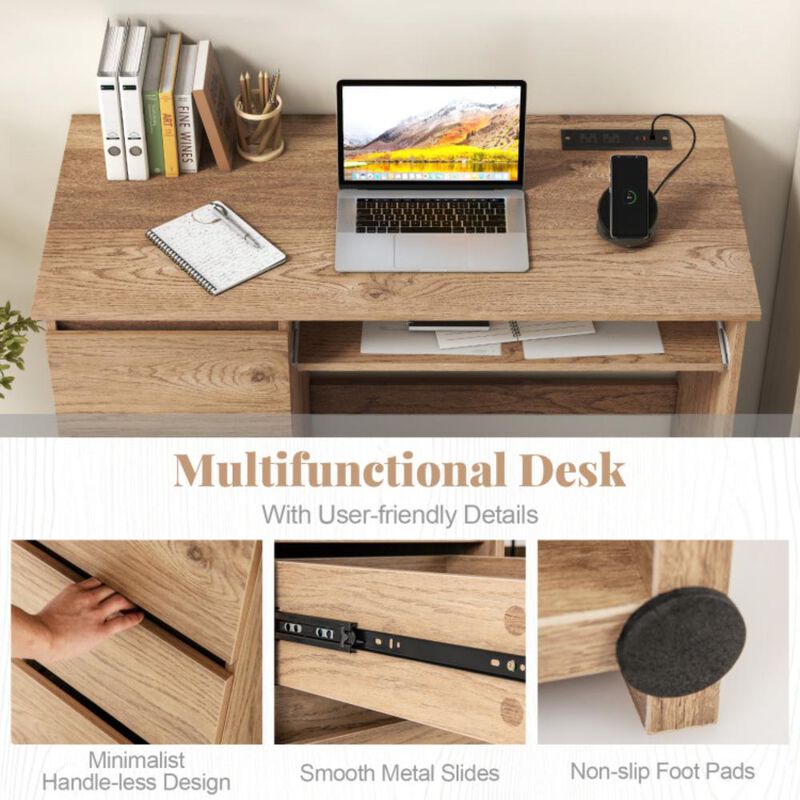 Hivvago Computer Desk with Power Outlet Keyboard Tray and 3 Large Drawers