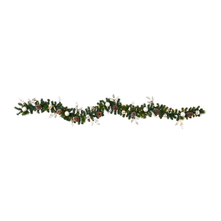 Hivvago 9" Ornament and Pinecone Artificial Christmas Garland with 50 Clear LED Lights
