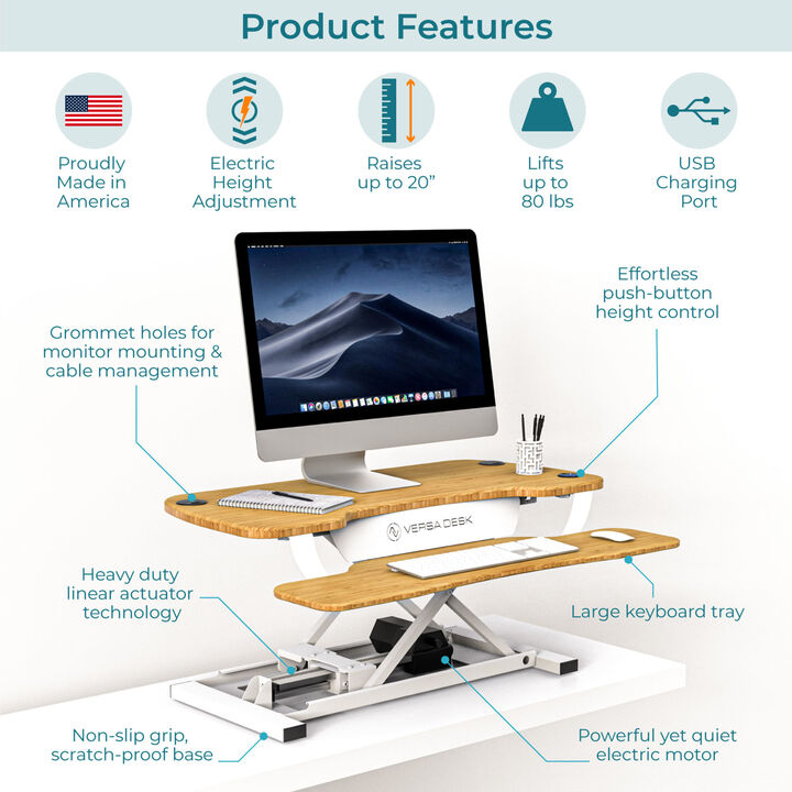 VersaDesk PowerPro® 36"W Electric Adjustable Standing Desk Converter, White-Bamboo