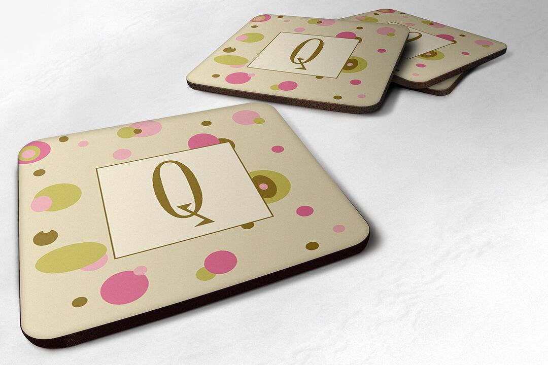 Caroline's Treasures CJ1004-QFC Monogram-Tan Dots Foam Coasters (Set of 4), Initial Letter Q, 3.5 H x 3.5 W, Multicolor