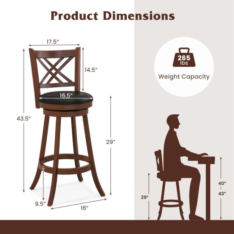 Hivvago 360° Swivel Upholstered Barstools Set of 2 with Back and Footrest