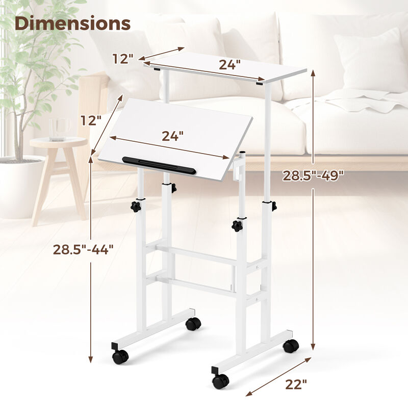 Height Adjustable Mobile Standing Desk with Rolling Wheels for Office and Home