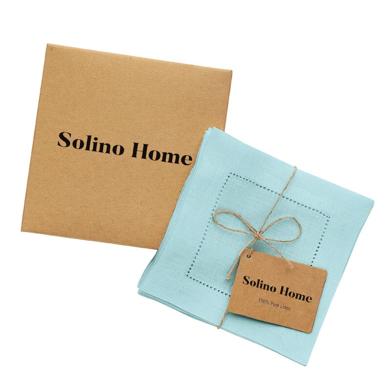 Solino Home 100% Pure Linen Cocktail Napkin 6 x 6 Inch Set of 12 | Classic Hemstitch