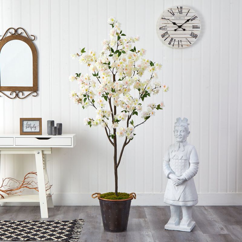 Hivvago 6 Feet Cherry Blossom Artificial Tree in Decorative Metal Pail with Rope