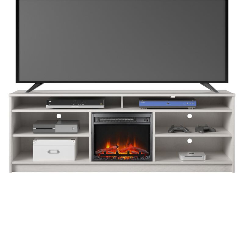 REALROOMS Hickory Hill 75" TV Stand with Electric Fireplace Space Heater and 6 Shelves