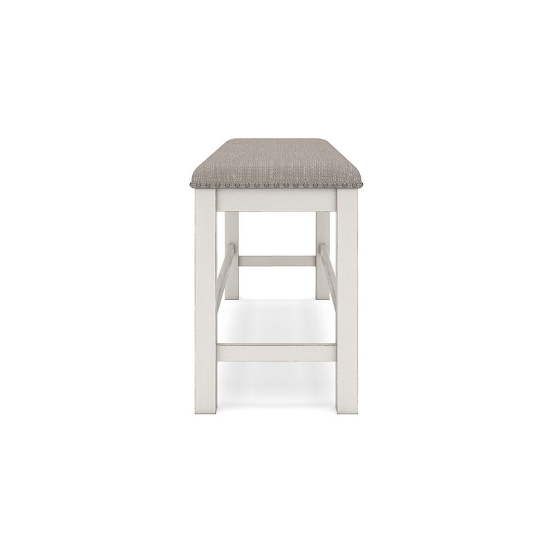Lea Counter Height Dining Bench, Classic White Wood, Gray Polyester - Benzara