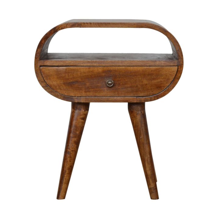 Chestnut Circular Nightstand with Open Slot Solid Wood 1 Drawer