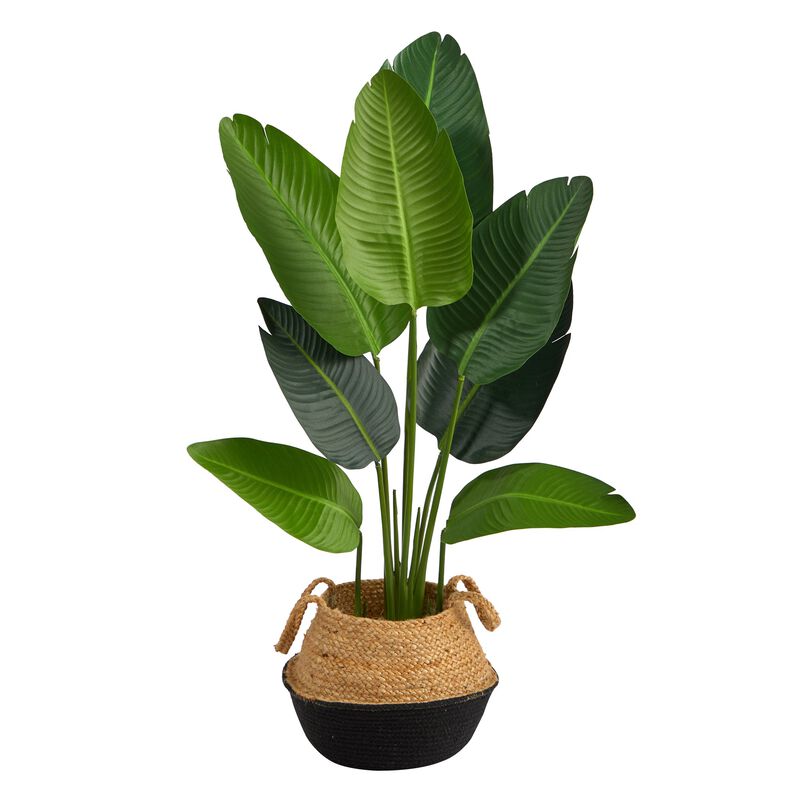 Hivvago 4 Feet Travelers Palm Artificial Tree in Boho Chic Handmade Cotton & Jute Black Woven Planter