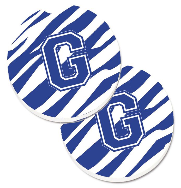 Caroline's Treasures Monogram Initial G Tiger Stripe Blue & White Set of 2 Cup Holder Car Coasters CJ1034-GCARC, 2.56, Multicolor