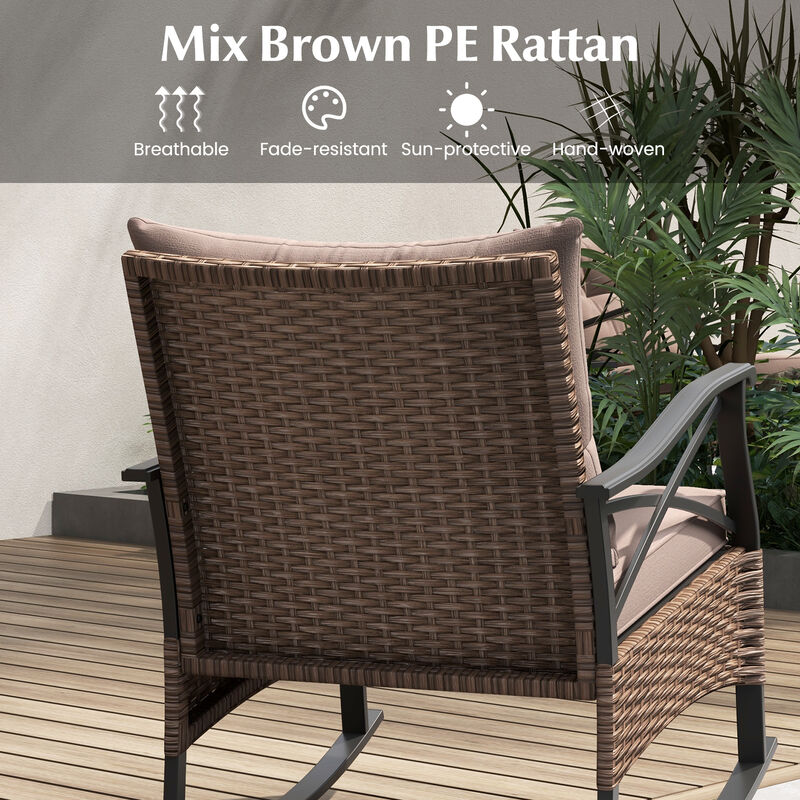 3 Pieces Outdoor Rattan Rocking Chairs Set with 2-Tier Side Table