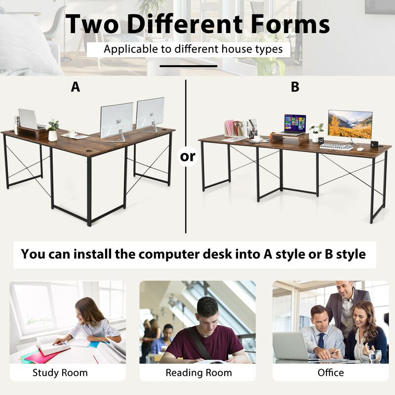 95 Inch 2-Person L-Shaped Long Reversible Computer Desk with Monitor Stand