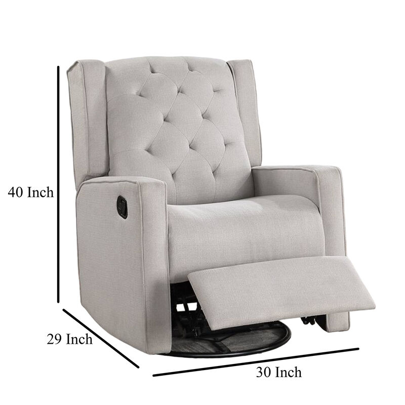 Manie Swivel Glider Manual Recliner, Solid Wood, Light Gray Burlap - Benzara