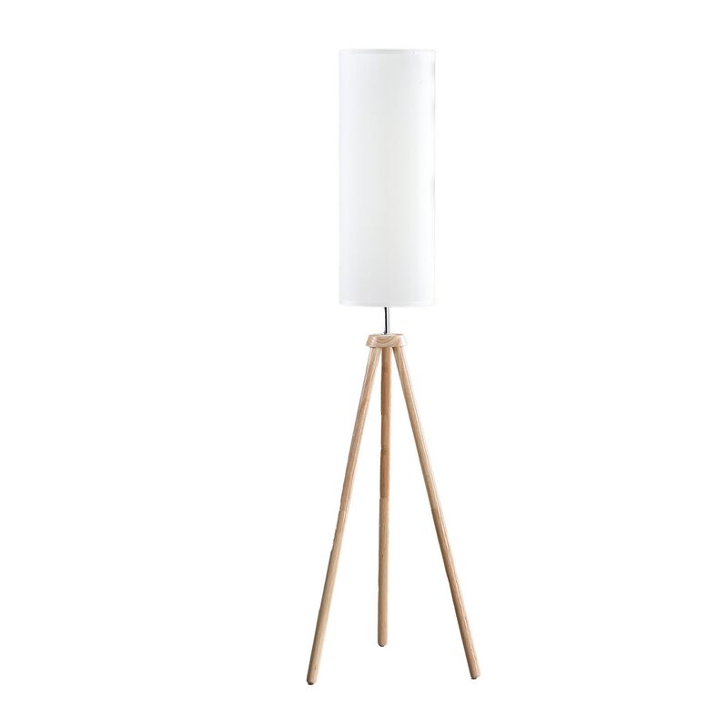 58 Inch Floor Lamp, Tall Glam Drum White Shade, Metal Tripod Body, Brown - Benzara