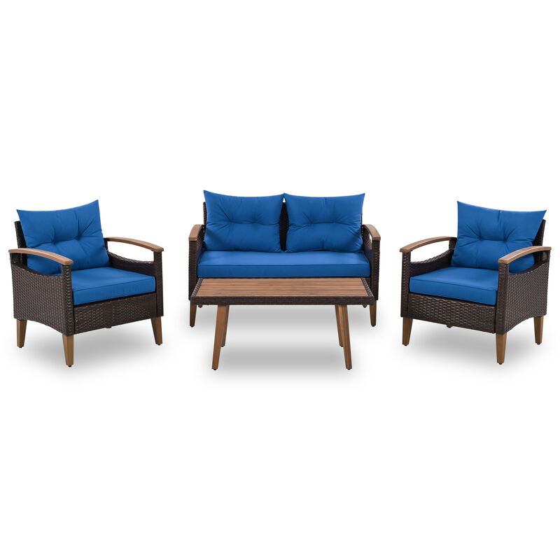 4-Piece Garden Furniture, Patio Seating Set, PE Rattan Outdoor Sofa Set, Wood Table And Legs