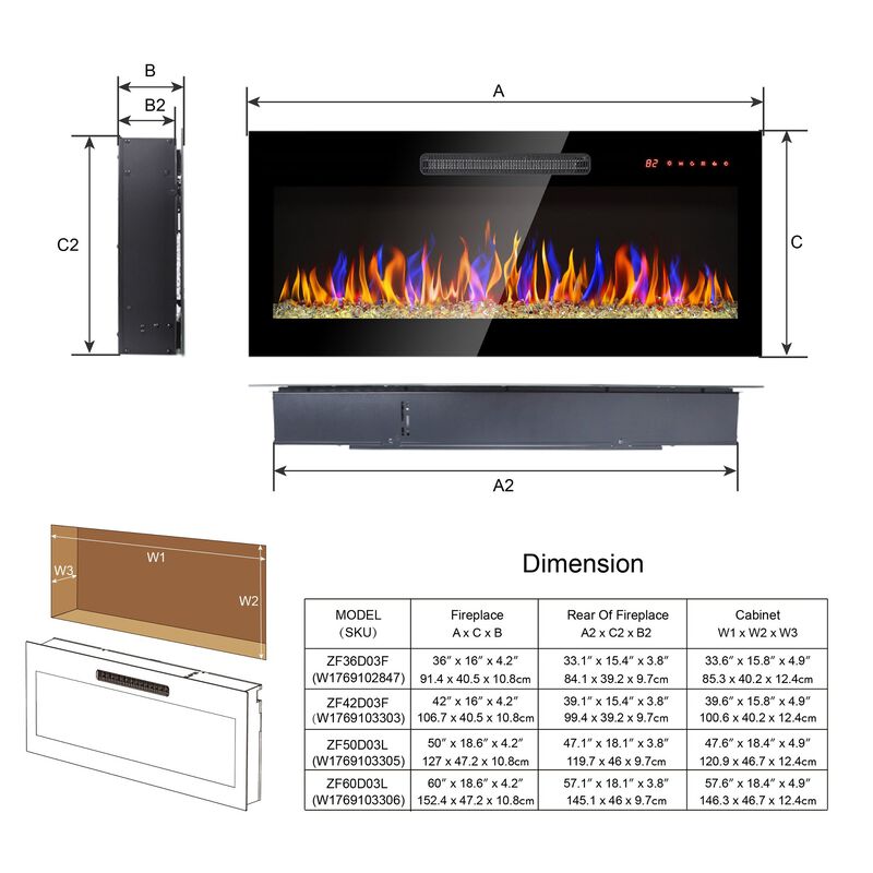 MONDAWE 60 Inch Recessed Ultra Thin Tempered Glass Front Wall Mounted Electric Fireplace With Remote And Multi Color Flame & Emberbed, LED Light Heater