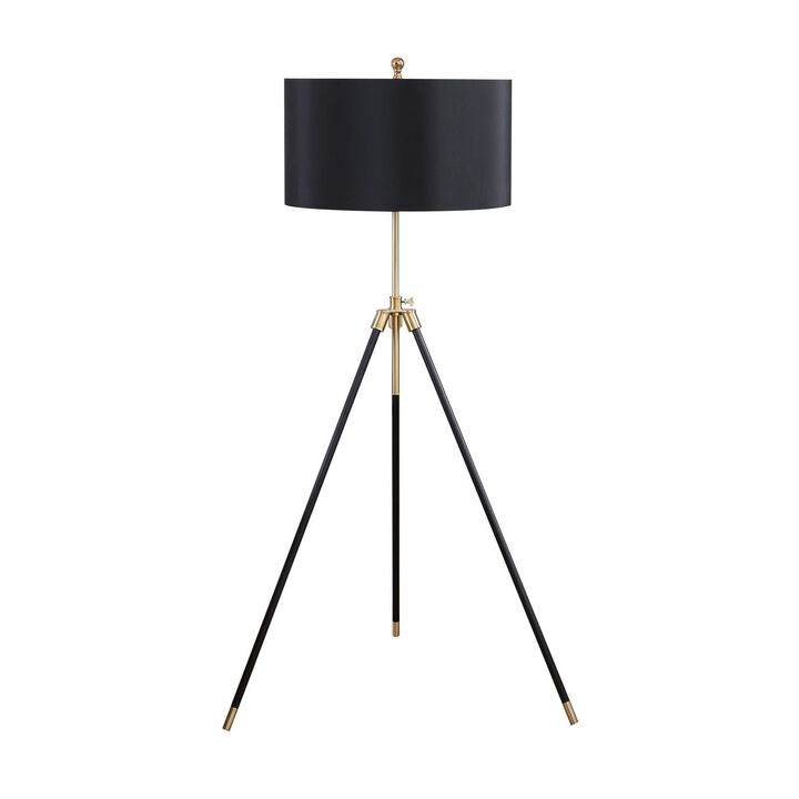 Floor Lamp with Drum Shade and Sleek Metal Tripod Legs, Black and Gold-Benzara