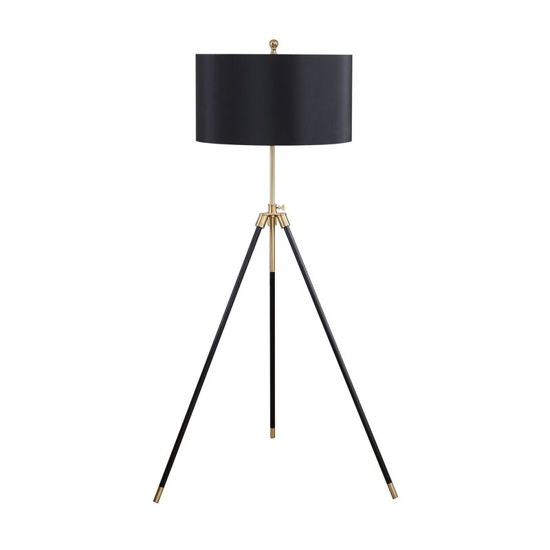 Floor Lamp with Drum Shade and Sleek Metal Tripod Legs, Black and Gold-Benzara