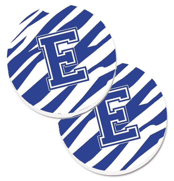 Caroline's Treasures Monogram Initial E Tiger Stripe Blue & White Set of 2 Cup Holder Car Coasters CJ1034-ECARC, 2.56, Multicolor
