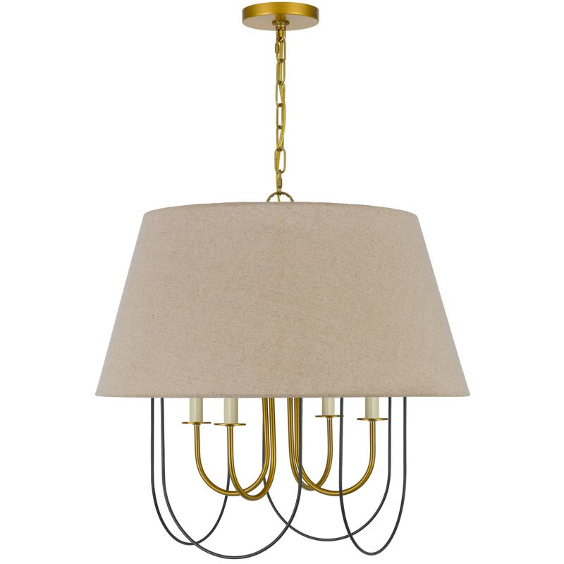 Pomy 24 Inch Chandelier, Hardback Burlap Shade, Gold Black Metal - Benzara