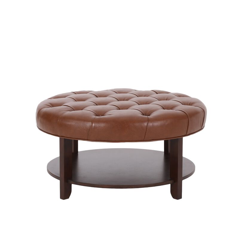 Kiam Ottoman, Shelf, Light Brown Faux Leather, Brown Wood 32 Inch - Benzara