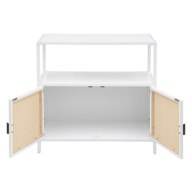 Lanie Accent Cabinet, Open Shelf and 2 Doors, PE Cane, White Metal - Benzara