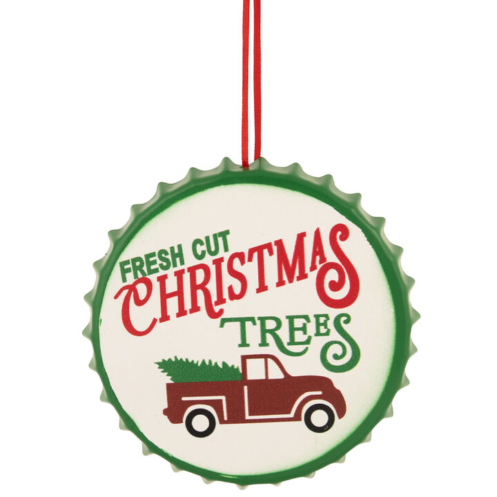 4" White Iron Cap "Fresh Cut Christmas Tress" With a Vintage Truck Ornament