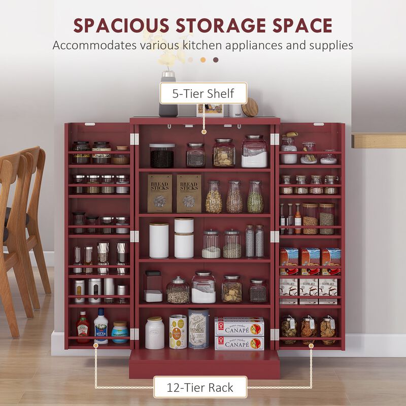 Red Freestanding Kitchen Pantry: 5-Tier, 12 Spice Rack, Adjustable
