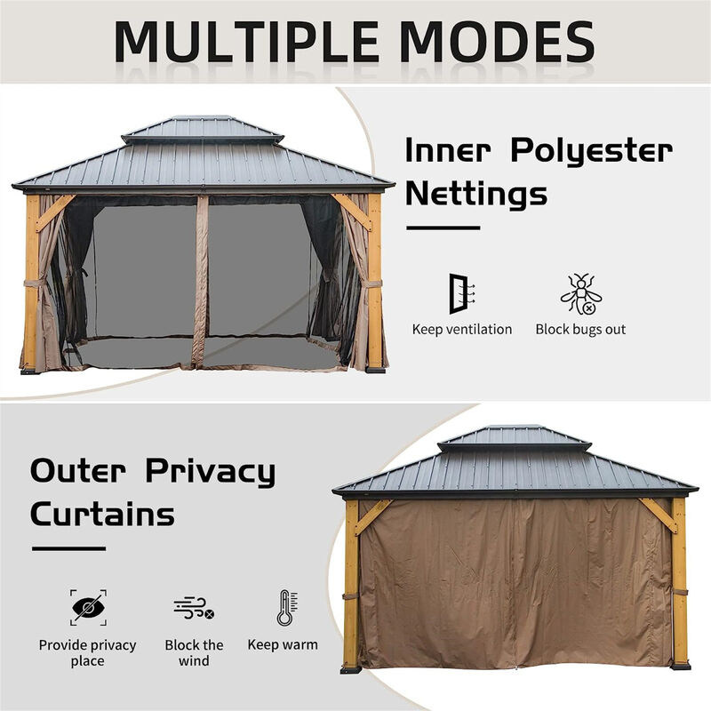 Cedar Wood Framed Hardtop Gazebo with Curtains and Netting