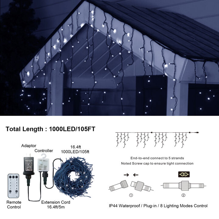 105ft LED Outdoor Christmas Lights with 1000 Bulbs, 50 Drops, 8 Modes, Waterproof, Timer & Memory Function