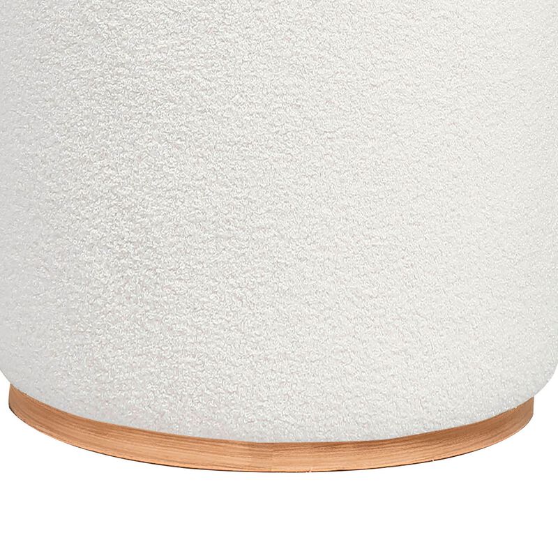 Zia 19 Inch Ottoman, White Faux Sheepskin Upholstery, Round Platform Base - Benzara