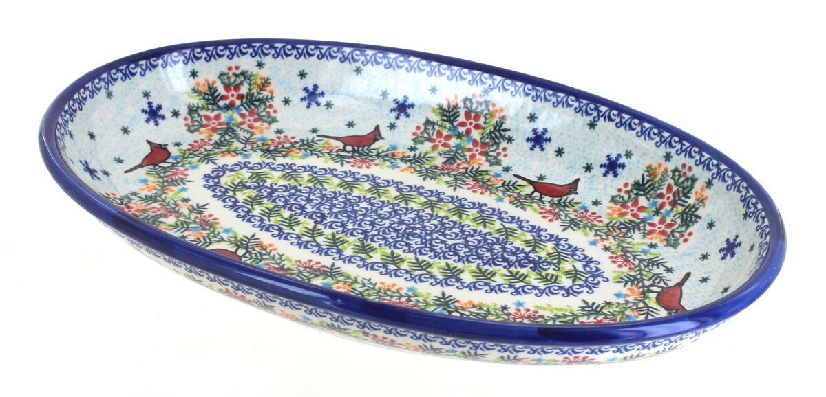 Blue Rose Polish Pottery Winter Cardinal Large Christmas Ball