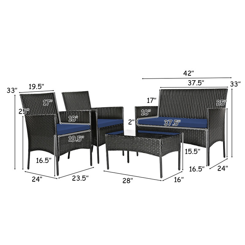 4 Pieces Patio Rattan Cushioned Sofa Set with Tempered Glass Coffee Table-Navy & Off White