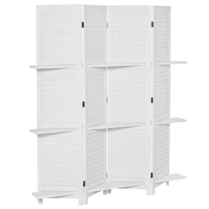White Room Divider: 67" 4-Panel Portable Screen with Display Shelves