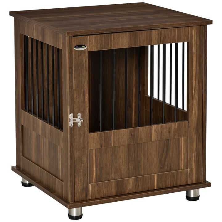 Brown Pet Furniture: Wooden End Table Dog Crate with Magnetic Door