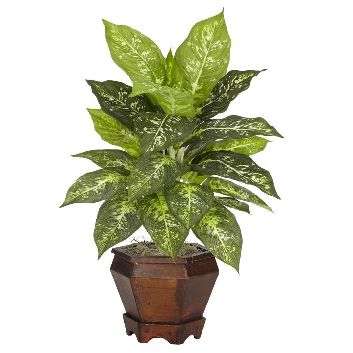 Nearly Natural Golden Dieffenbachia w/Wood Vase Silk Plant Variegated Nearly Natural Golden Dieffenbachia w/Wood Vase Silk Plant Variegated