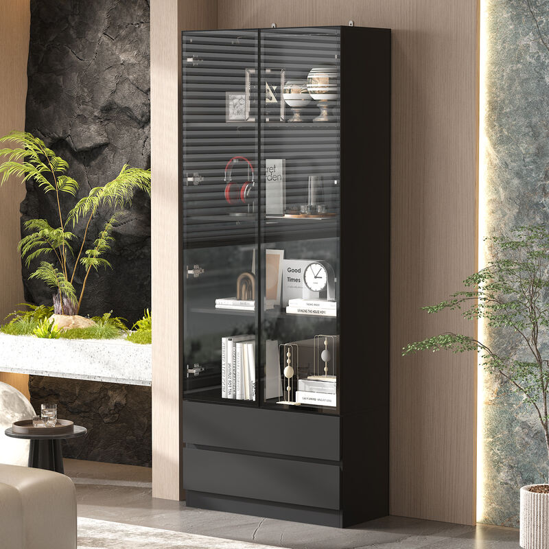 78.7 in. Black Wooden Accent Storage Cabinet With 2-Glass Doors, Drawers, Adjustable Shelves, LED Lights