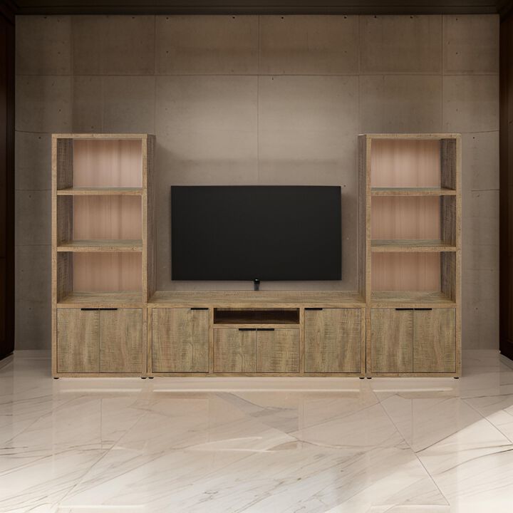 TV Entertainment Console with 2 Media Tower, 4 Cabinets, Natural Brown Wood - Benzara