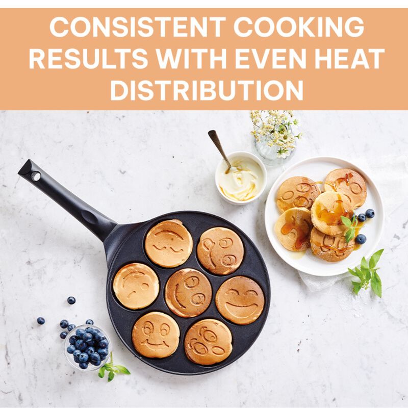 Kitchenfun Blini Nonstick Mini Pancake Maker - Cast Aluminum Non Toxic Crepe Maker, PFAS Free, Non Stick Frying Pans, Cooking Pan Set for 7 Smiley Small Pancakes, Nonstick Pan, Egg Pan, and Flapjacks