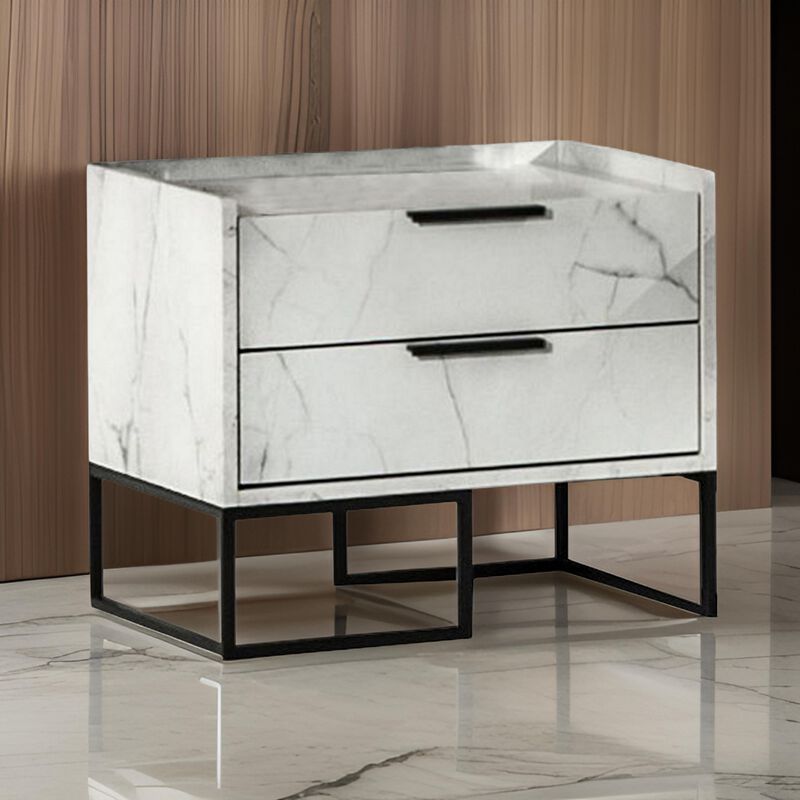 Noe Paul 24 Inch Wood Nightstand, 2 Drawers, Faux White Marble, Metal Legs-Benzara