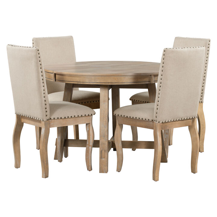 Merax 5-Piece Farmhouse Dining Table Set Wood Round Extendable Dining Table and 4 Upholstered Dining Chairs Merax 5-Piece Farmhouse Dining Table Set Wood Round Extendable Dining Table and 4 Upholstered Dining Chairs