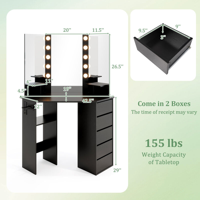 Corner Vanity Desk with 3-Color LED Lighted Mirror and Power Outlet